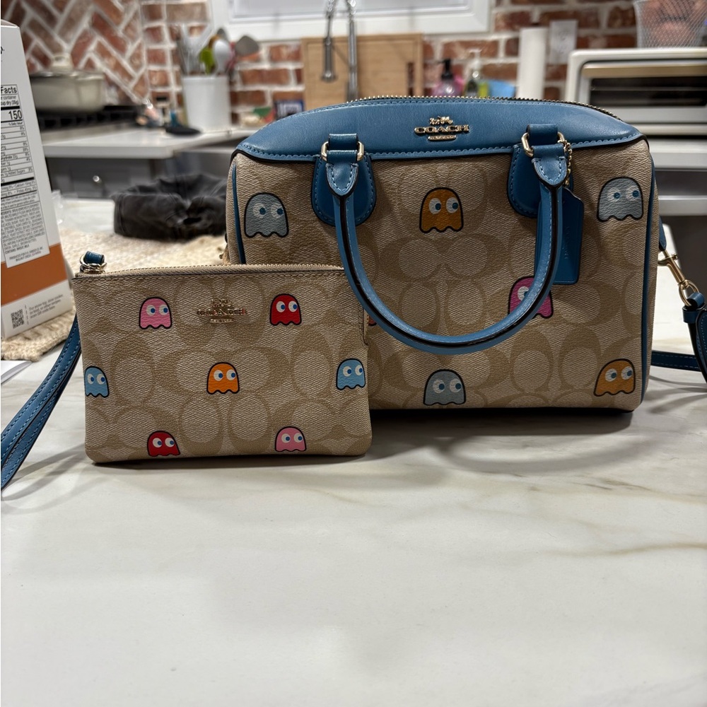 Coach Beige and Blue Pac-Man Print Bag + wristlet